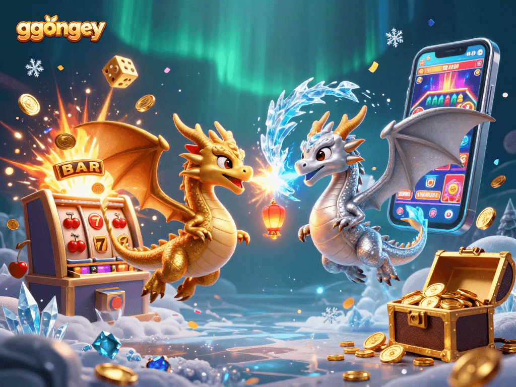 Experience the thrill of ggongey with dynamic dragons and roaring jackpots in this vibrant casino illustration.