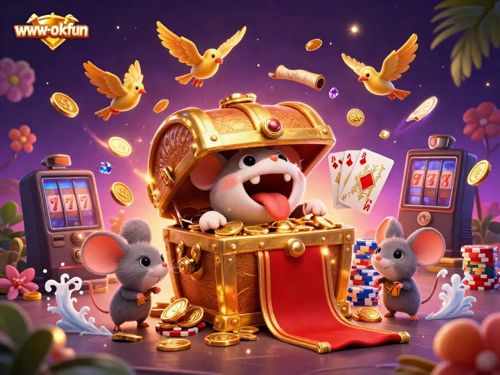 Experience thrilling wins at www-okfun with a vibrant 3D casino illustration showcasing games and treasures.