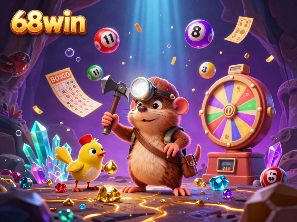 Join the thrilling experience at 68win with vibrant lottery elements and dynamic characters in a vibrant casino backdrop.