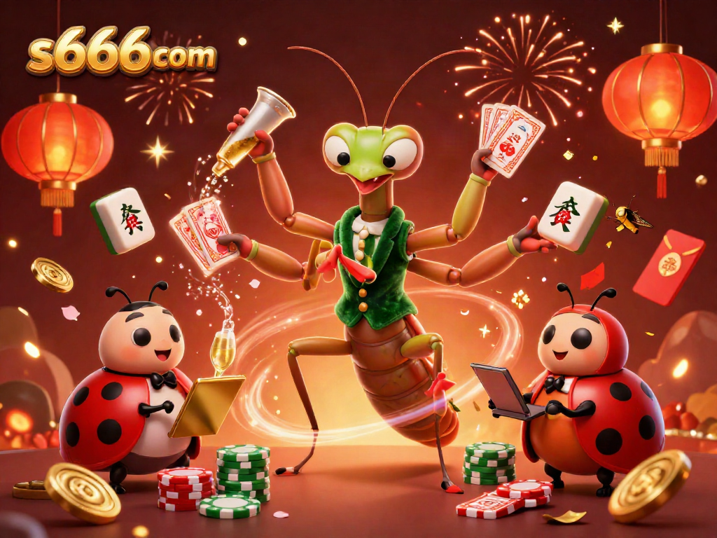 Experience the thrilling casino world with s666 com's vibrant gaming scene featuring a giant praying mantis and ladybug pit boss.