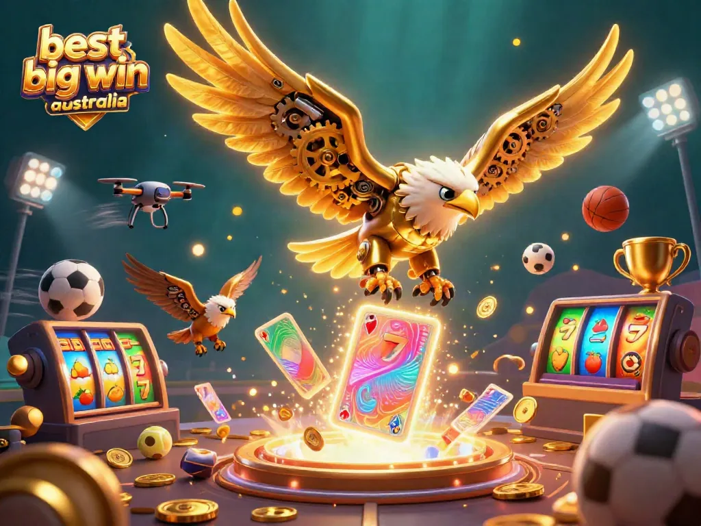 Experience the thrill of the best big win casino Australia with a cybernetic eagle amid vibrant slot symbols and sports elements.