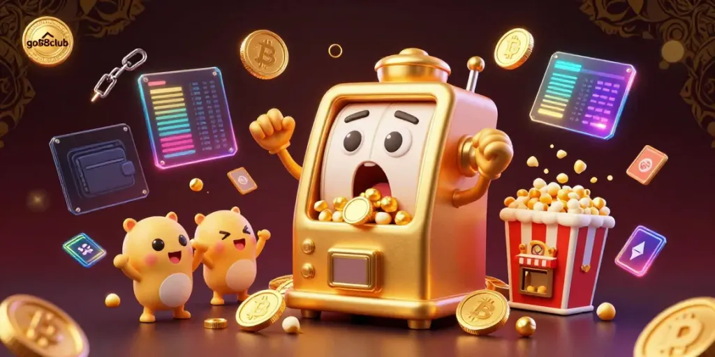 Experience the excitement of wins at go88club with a lively scene featuring animated slot machines celebrating jackpots and crypto elements.