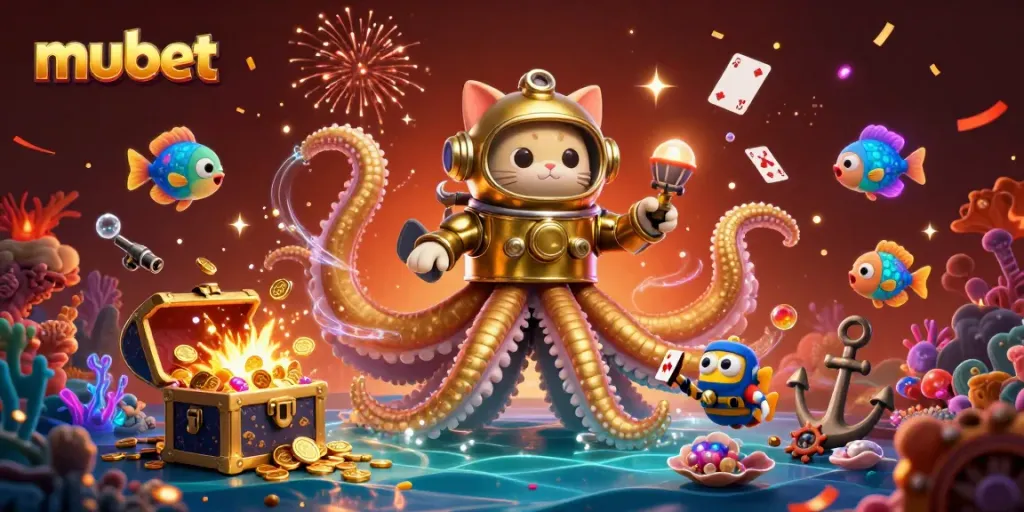 Engage in thrilling gambling adventures with mubet; a colossal kraken and vintage diving cat highlight the excitement.