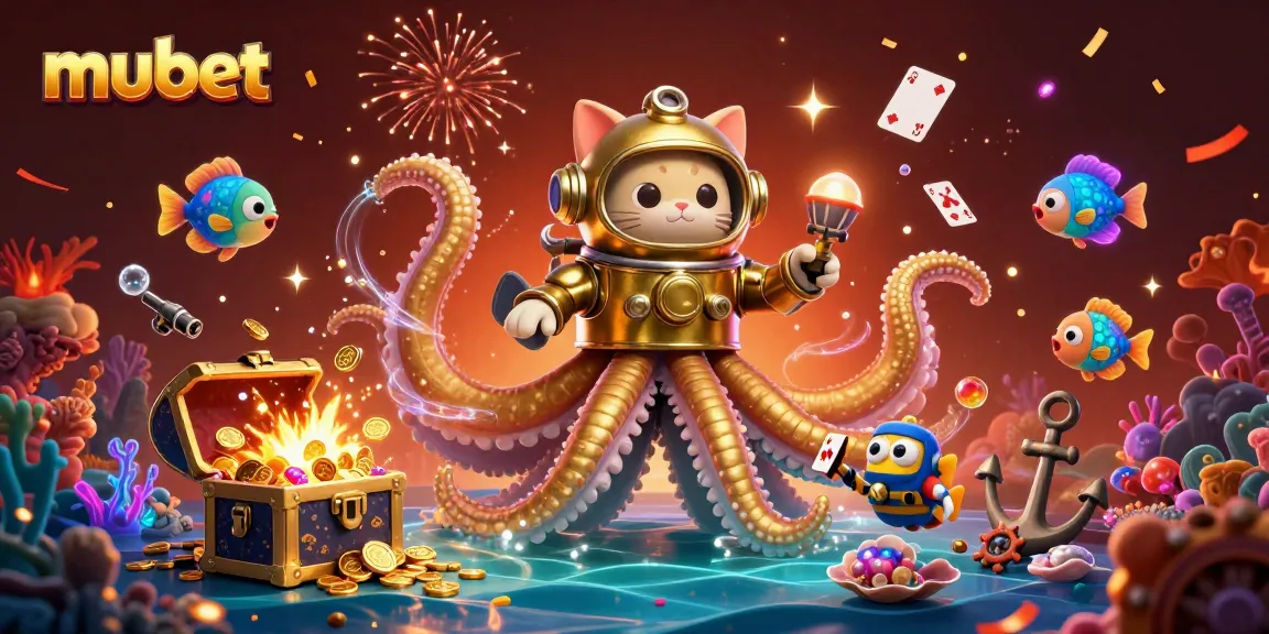 Engage in thrilling gambling adventures with mubet; a colossal kraken and vintage diving cat highlight the excitement.
