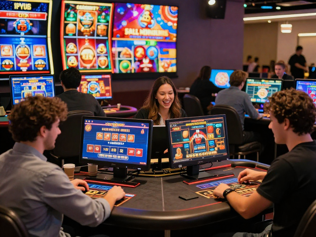 Giocatori felici che esplorano casino online esteri su dispositivi digitali, con giochi avvincenti e atmosfera coinvolgente.