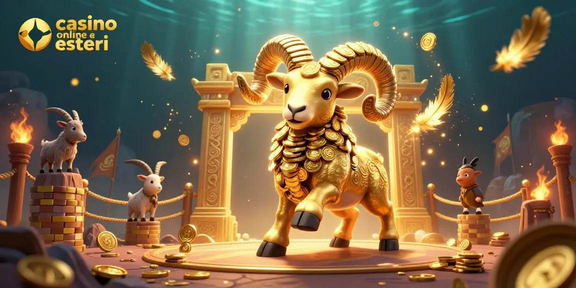Gioca nei casino online esteri con un'illustrazione 3D di un ariete dorato che carica, circondato da elementi di gioco e atmosfera dinamica.