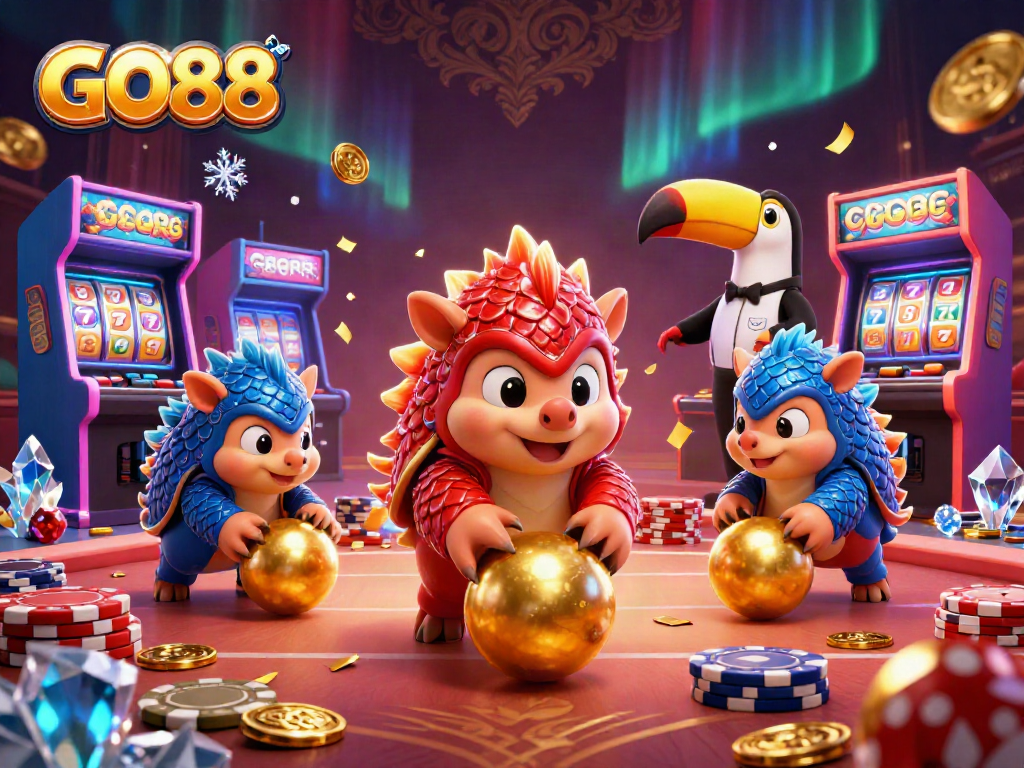 Experience GO88 with thrilling pangolin rivals rolling through poker chips in a vibrant casino.