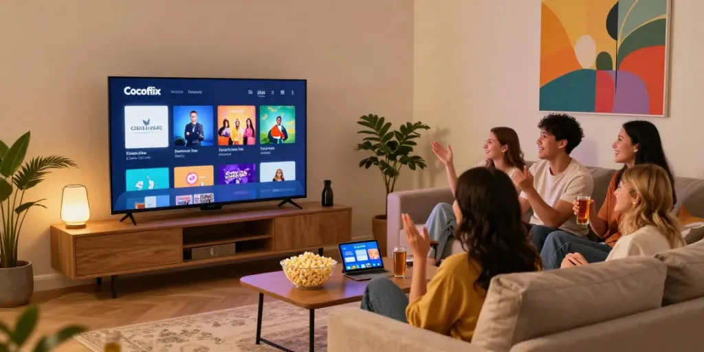 CocoFlix APK displayed on a modern TV in a cozy living room, friends preparing for a movie night with popcorn and drinks.