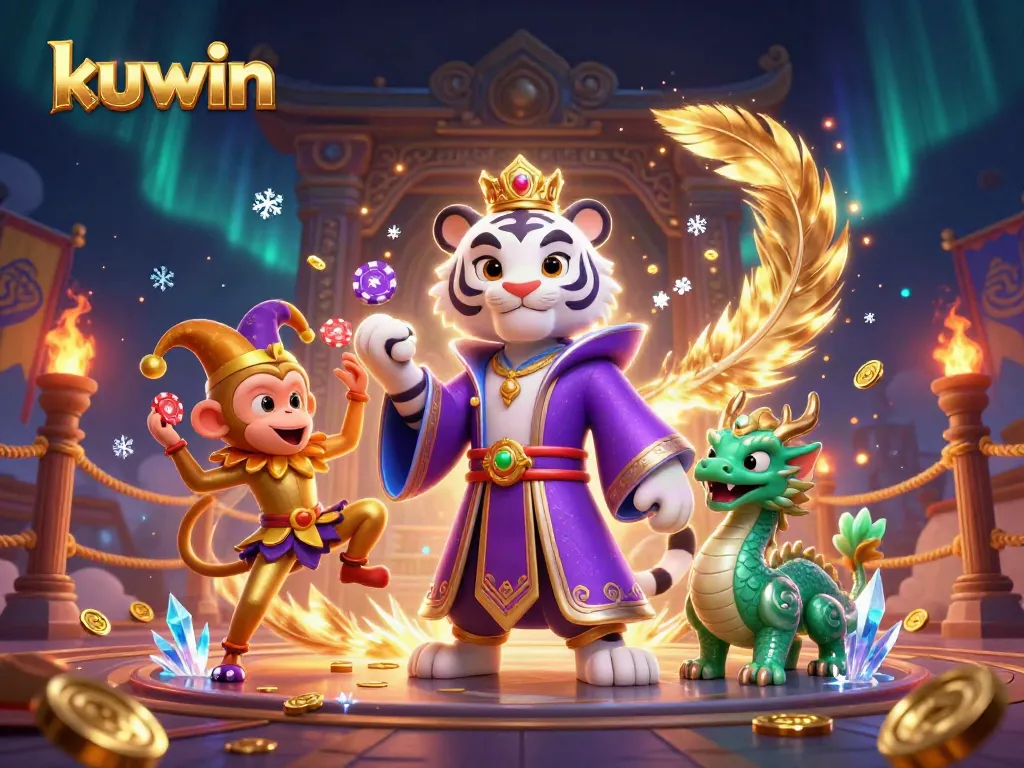 kuwin showcases an elegant tiger in royal attire with a playful monkey juggling chips, highlighting exciting adventures in gaming.
