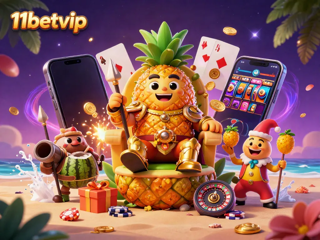 Experience the excitement of 11betvip with a dynamic casino scene featuring a pineapple king and vibrant slot games.