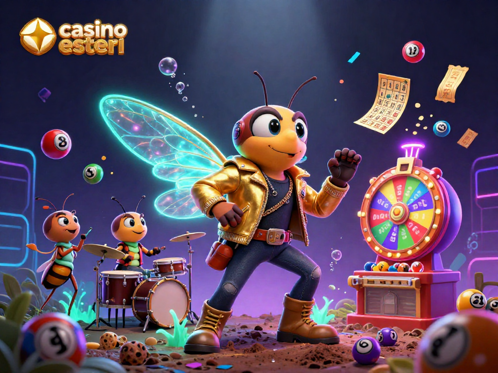 Giocare nel casinò online estero con un'illustrazione accattivante di una rock star cicada e lotterie vivaci.