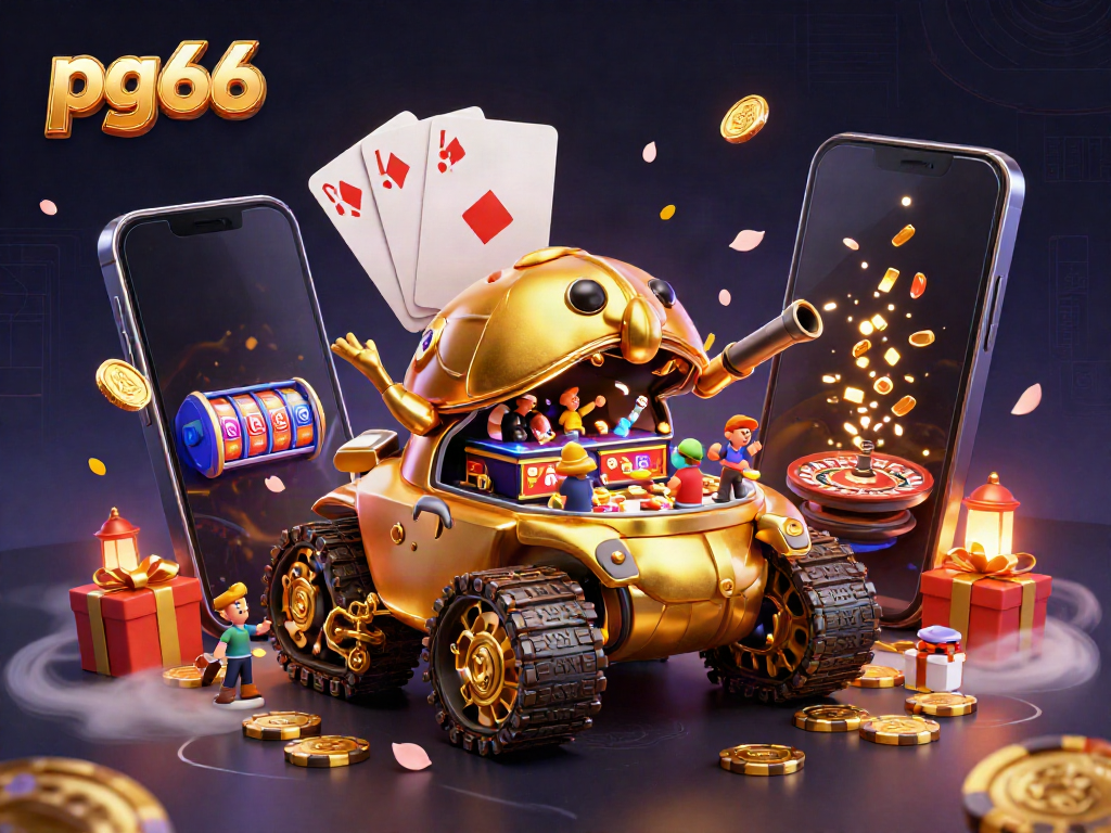 Experience the excitement of pg66 with a dynamic 3D cartoon casino scene featuring a golden beetle tank full of games.