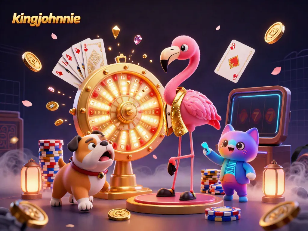 Experience thrilling wins with kingjohnnie in this vibrant poker game scene featuring a flamingo host.