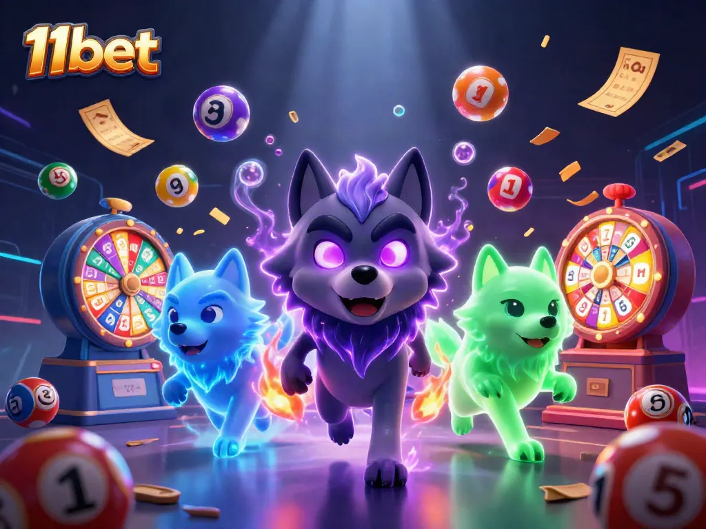 Experience thrilling action with 11bet in this dynamic 3D casino illustration featuring lottery excitement.