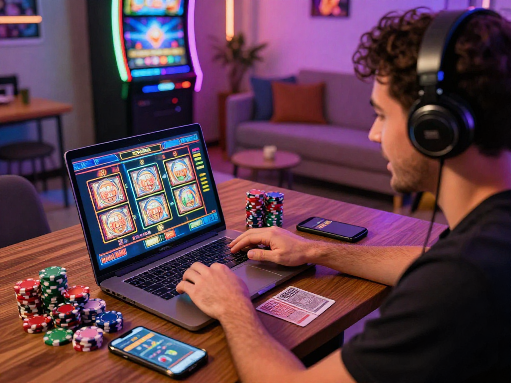 Giocatore entusiasta interagisce con il casino online estero in un ambiente accogliente e moderno.