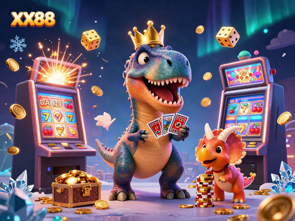 Experience thrilling adventures at XX88 casino with cartoon dinosaurs playing cards and stacking chips.