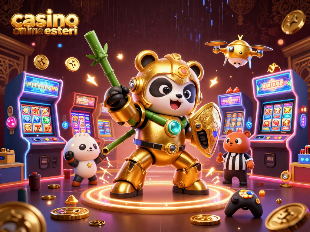 Scopri il mondo dei casinò online esteri con un panda dorato protagonista di un epico scontro in un'arena ricca di elementi del gioco.