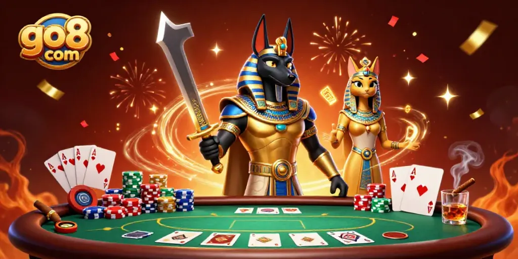 Experience exhilarating gaming action with go8 com's vibrant casino scene featuring Anubis and Bastet.