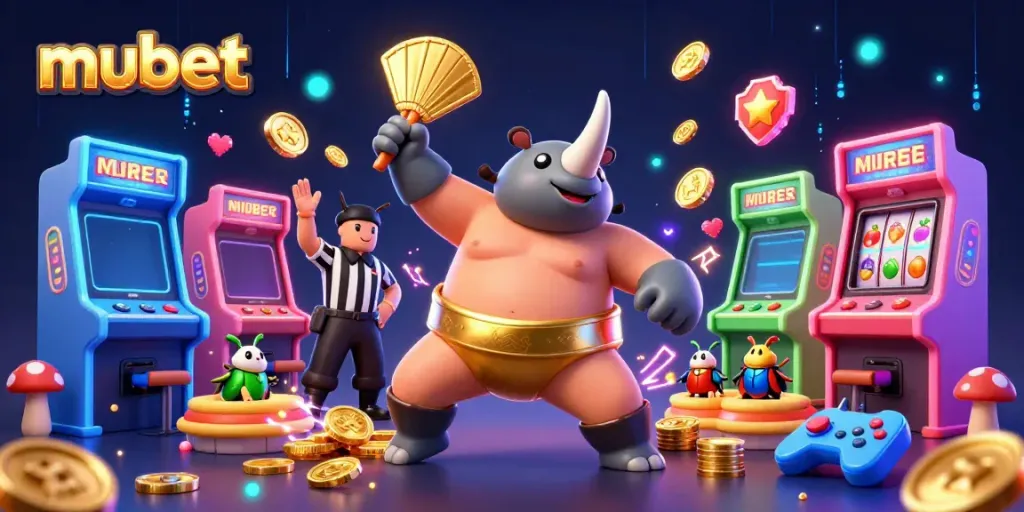 Experience the thrilling action of mubet with a sumo beetle champion amidst golden coins and arcade machines.