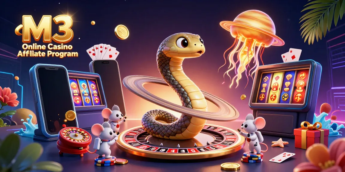 Engage with the M3 Online Casino Affiliate Program in a vibrant cosmic casino scene.