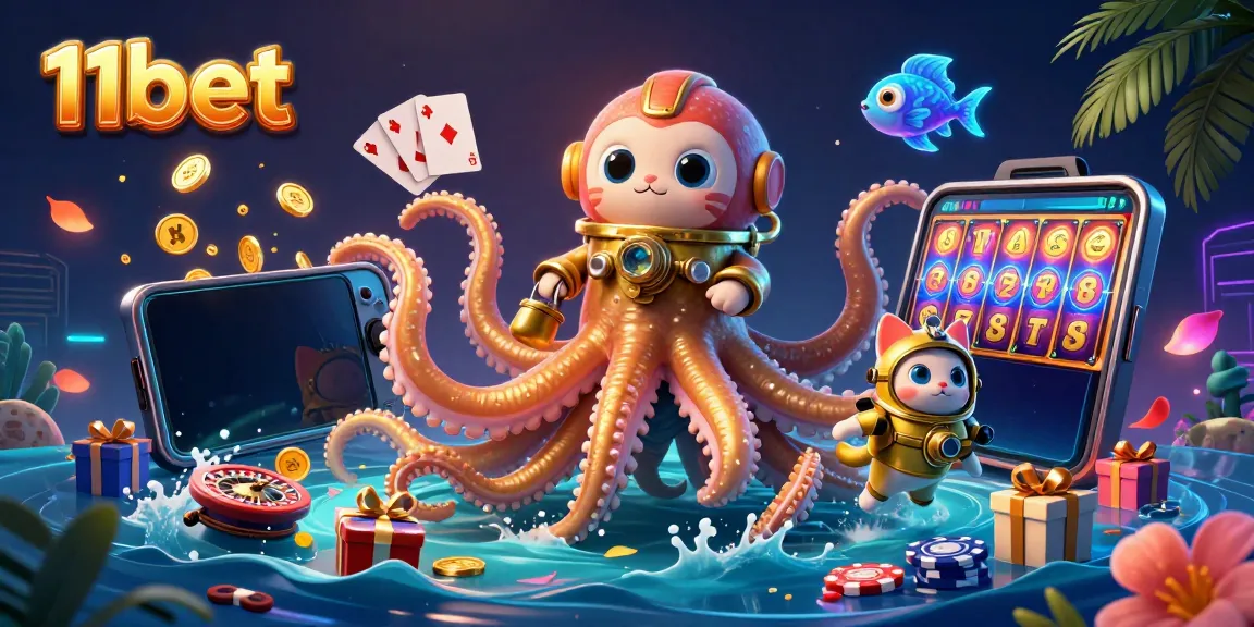 Experience thrilling gaming at 11bet with a kraken and diving cat in a vibrant casino scene.