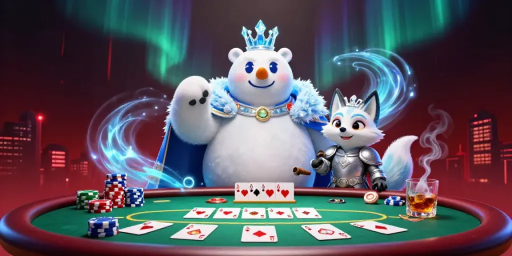 Experience the thrill of high-stakes poker with 8kbetcom's 3D illustration showcasing an ice king polar bear and snow fox in a vibrant casino.