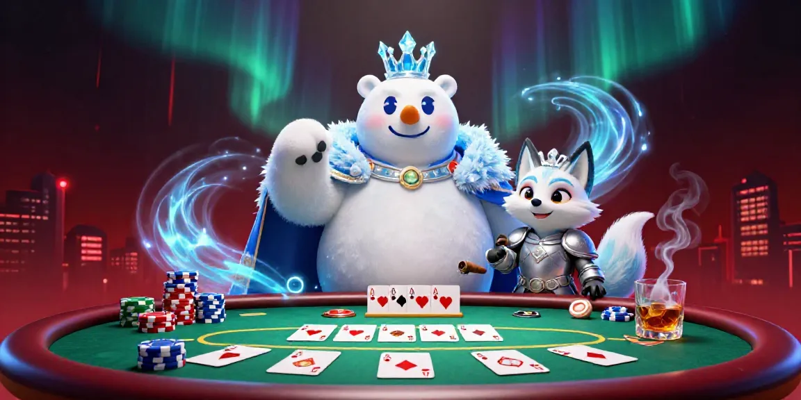 Experience the thrill of high-stakes poker with 8kbetcom's 3D illustration showcasing an ice king polar bear and snow fox in a vibrant casino.