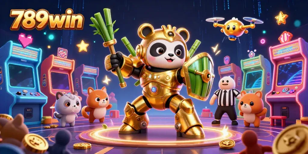 Experience thrilling gameplay with 789win, featuring a dynamic 3D mech-suit panda and arcade elements.