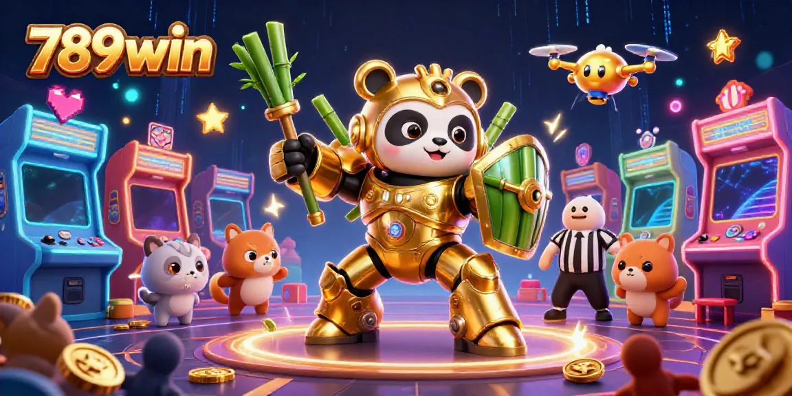 Experience thrilling gameplay with 789win, featuring a dynamic 3D mech-suit panda and arcade elements.