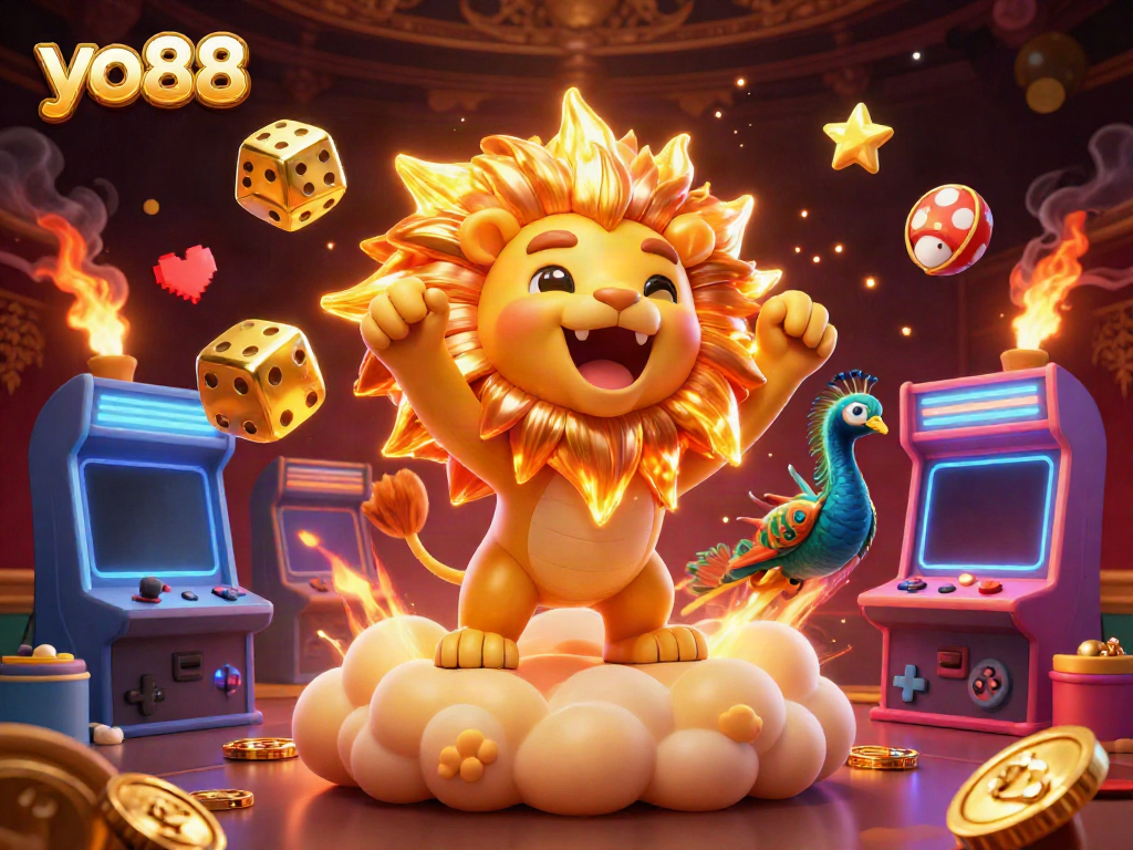 Experience unbeatable fun at yo88 with a dynamic casino adventure featuring colorful gaming elements and a roaring sun lion.