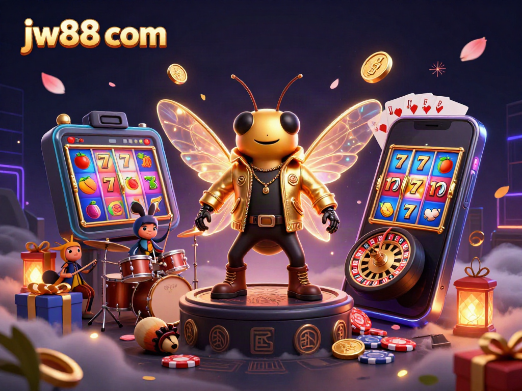 Engage with thrilling games at jw88 com with a vibrant 3D casino-themed artwork featuring dynamic characters.