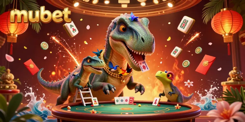 Engage with mubet's thrilling casino experience illustrated with vibrant characters and exciting gaming elements.