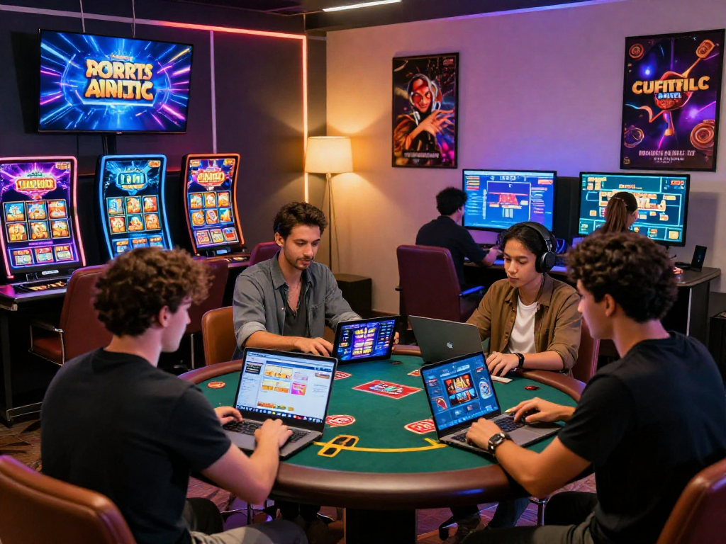 Casinò online esteri: giocatori entusiasti coinvolti in giochi diversi su piattaforme di gioco digitali.