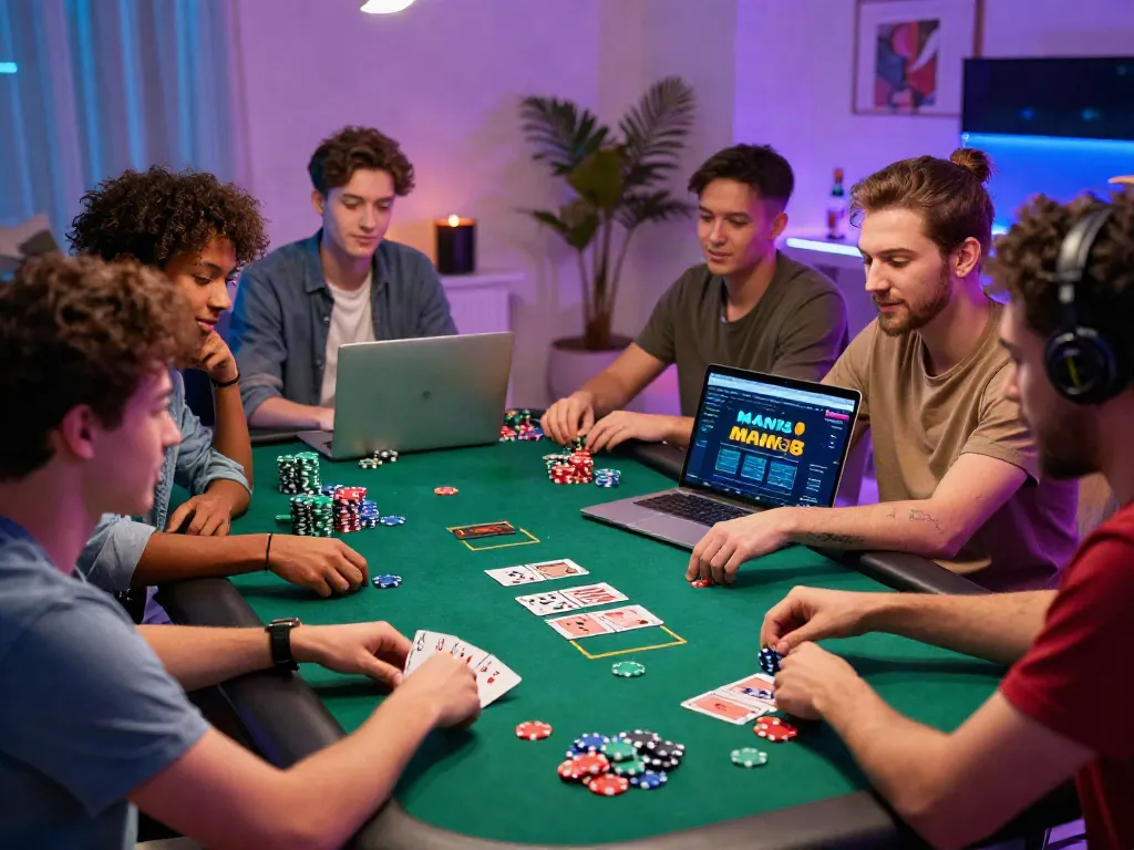 Friends enjoying a lively gaming night with MAN88's online casino setup.