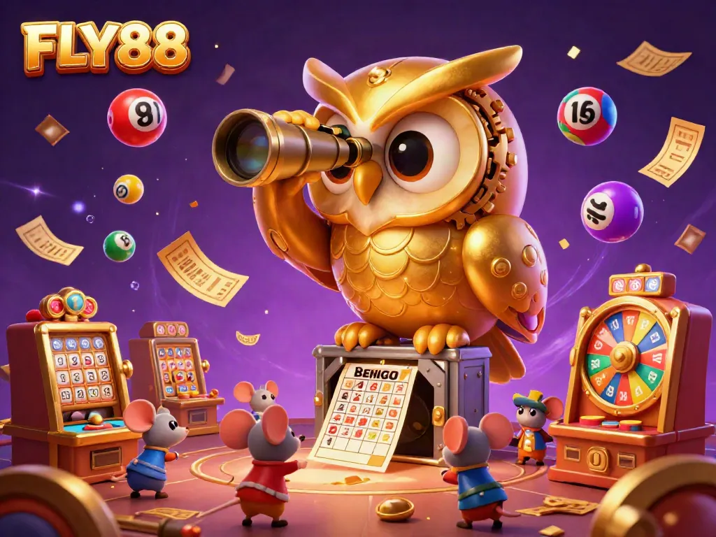 Experience excitement at FLY88 casino with a vibrant scene featuring a golden owl and lively characters.