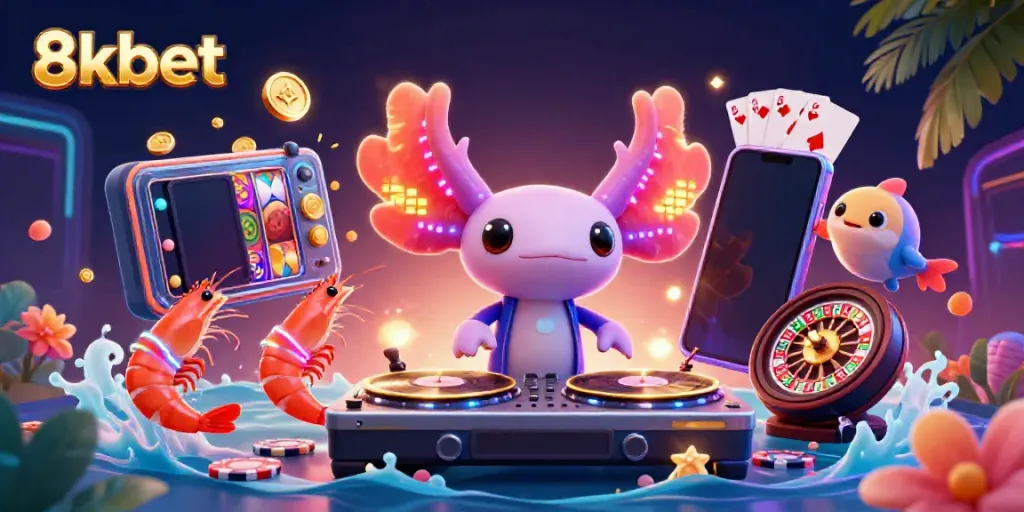 Experience the vibrant 8kbet world through colorful casino games with enthusiastic characters.