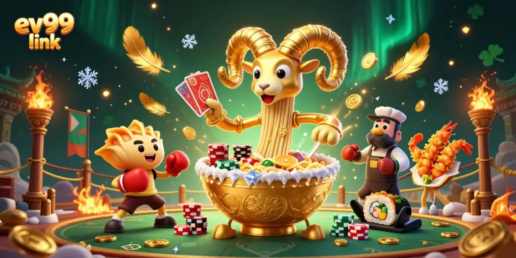 Win big with ev99 link as a giant ramen bowl deals cards in a festive casino scene.