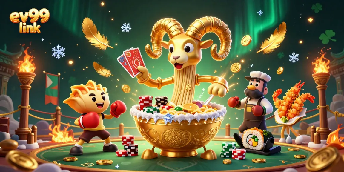 Win big with ev99 link as a giant ramen bowl deals cards in a festive casino scene.