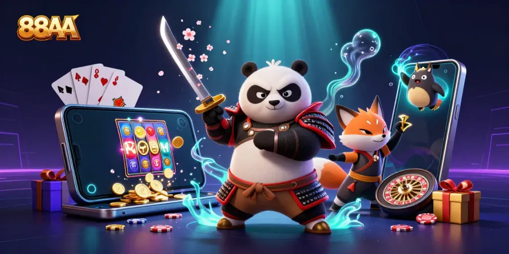 Experience thrilling adventures at 88AA with samurai panda, ninja fox, and magic tanuki amidst vibrant casino elements.