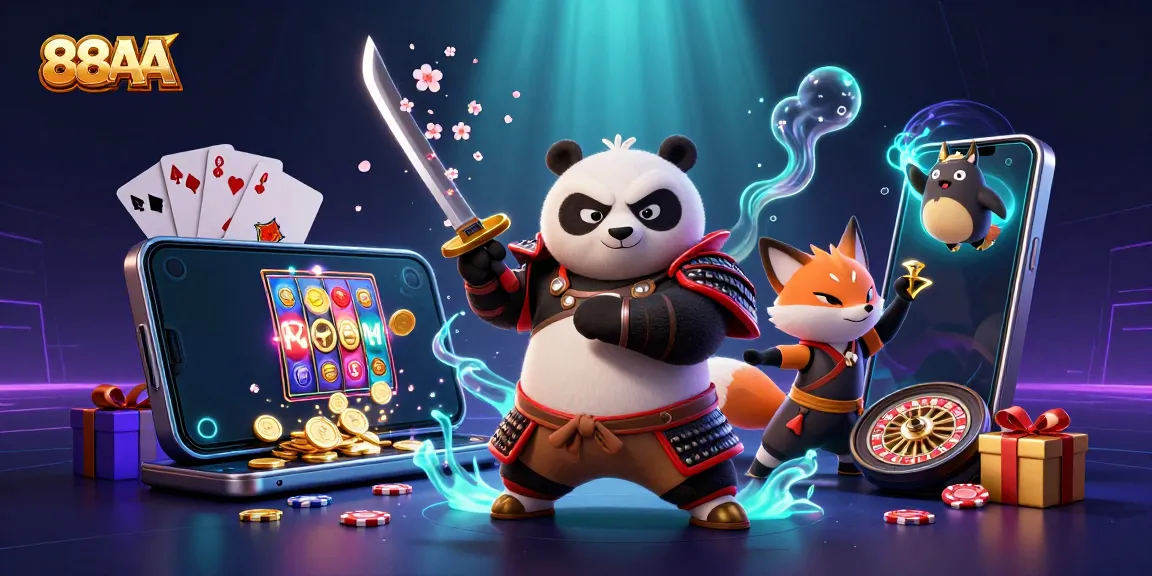 Experience thrilling adventures at 88AA with samurai panda, ninja fox, and magic tanuki amidst vibrant casino elements.