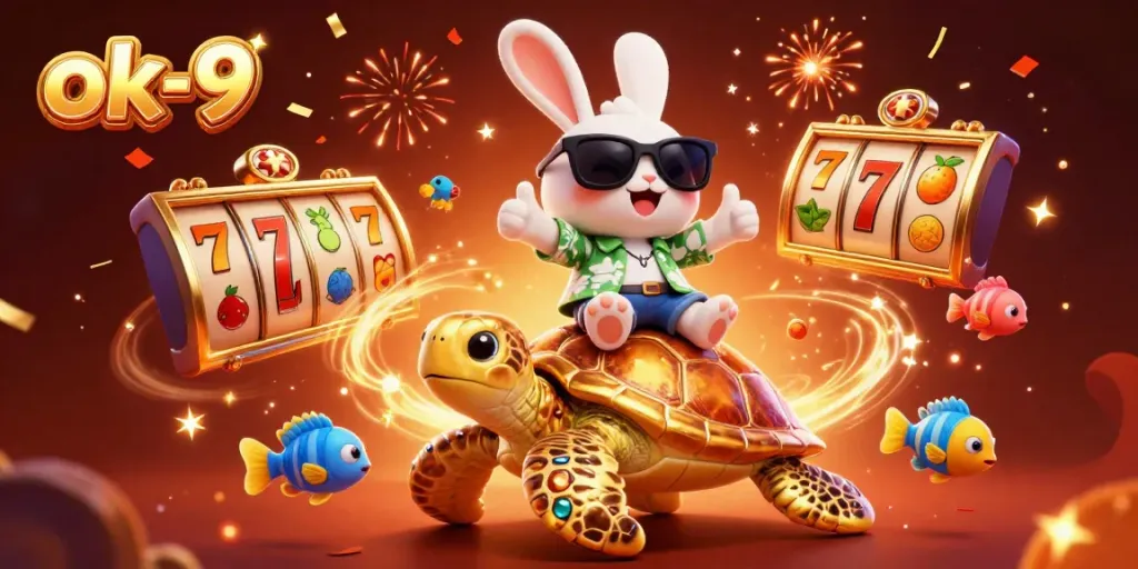 Experience the thrill at ok-9 with a lively scene featuring a lucky rabbit and a golden turtle amidst slot games.