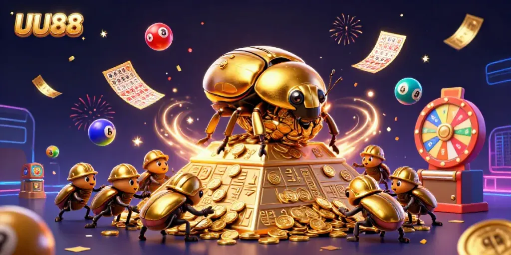 Engage in thrilling gameplay with UU88's vibrant casino scene featuring golden beetles and lottery elements.
