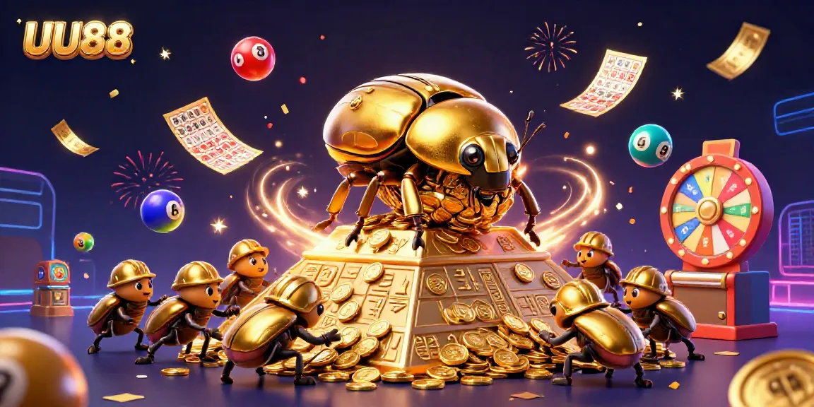 Engage in thrilling gameplay with UU88's vibrant casino scene featuring golden beetles and lottery elements.