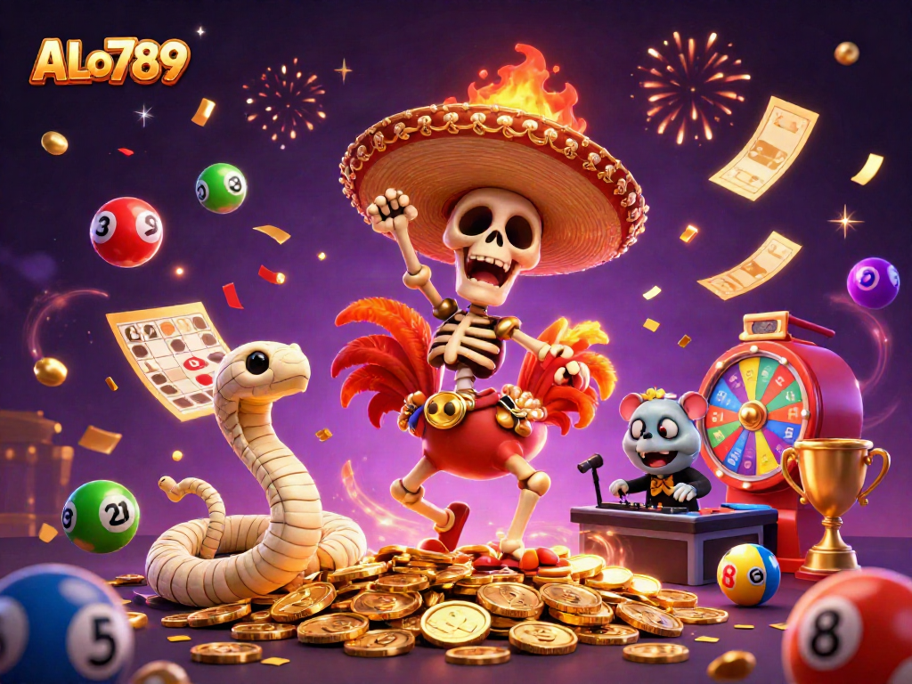 Experience intense action at ALo789 with an animated victory dance amid gold coins and lottery excitement.