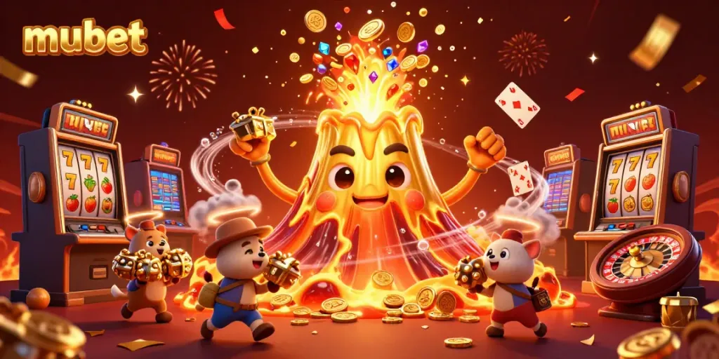 Experience the thrill of mubet with an exciting casino scene featuring a triumphant volcano and treasure-hunting animals.