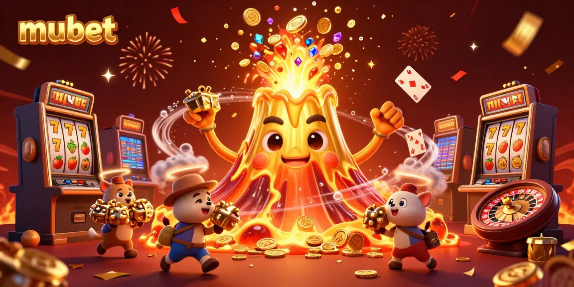Experience the thrill of mubet with an exciting casino scene featuring a triumphant volcano and treasure-hunting animals.