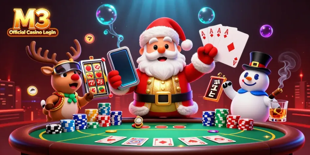 Engage with M3 Official Casino Login featuring a vibrant 3D scene of Santa, reindeer, and a snowman in a casino setting.