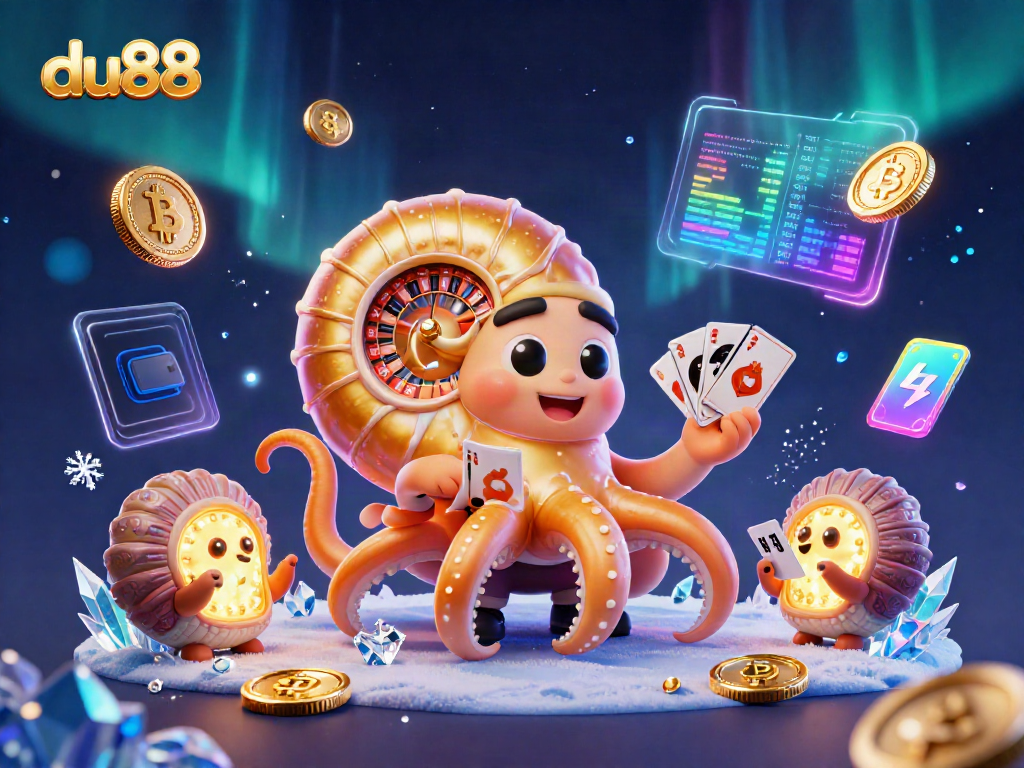 Engage in thrilling games at du88 with a vibrant casino scene featuring a nautilus roulette wheel and glowing card hands.