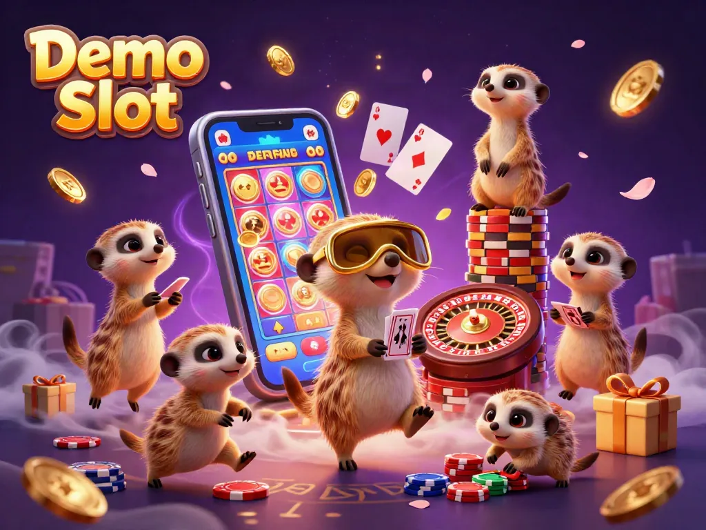 Experience the thrill of Demo Slot with meerkats running a vibrant casino, showcasing animated gameplay.