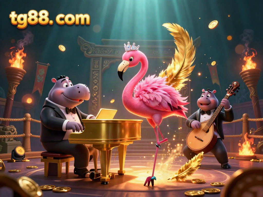 Engage in exciting gameplay at tg88. com with a vibrant casino scene featuring a flamingo singer and hippo bassist.